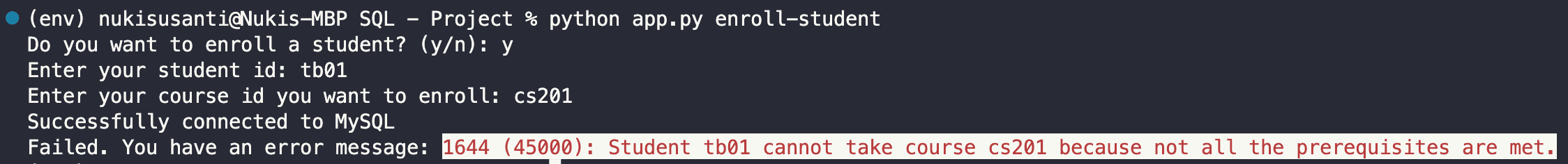 Running 'enroll-student' for course with prerequisites