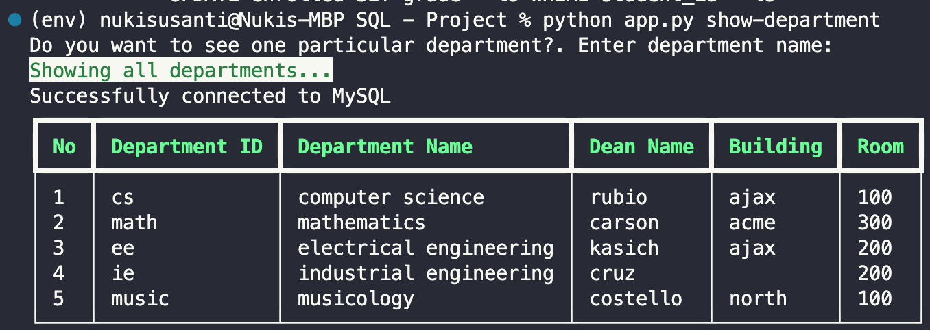 Running 'show-department' without any user input