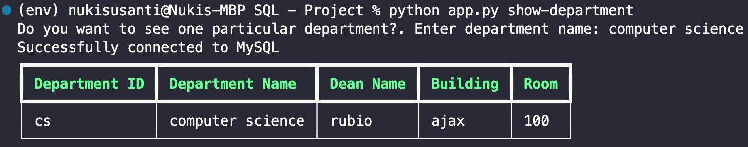 Running 'show-department' with any user input