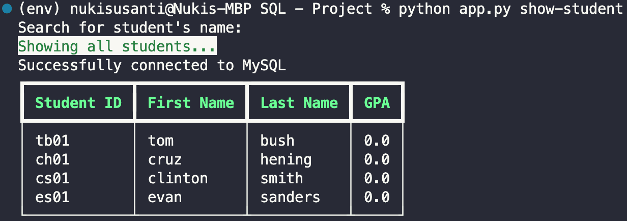 Running 'show-student' without any user input