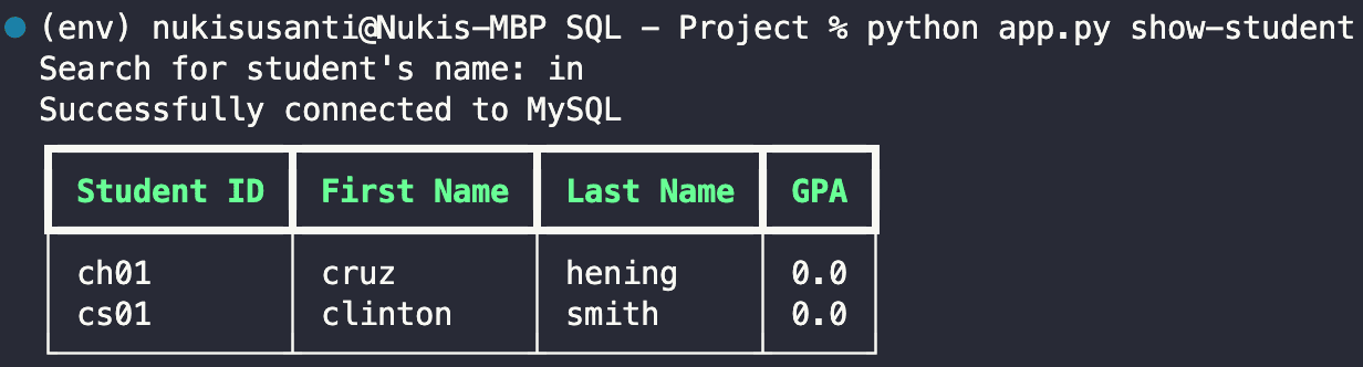 Running 'show-student' with any user input