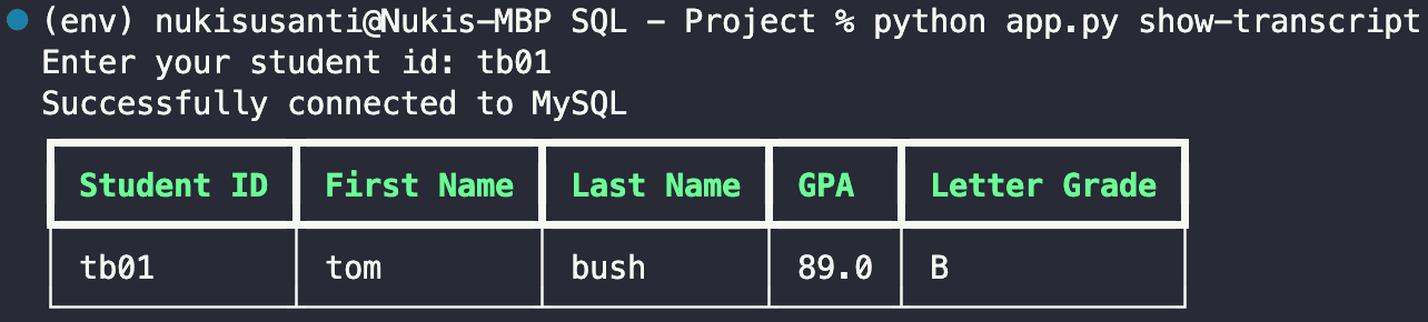 Running 'show-student' for querying student's transcript
