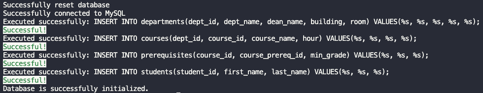 Resetting database successful